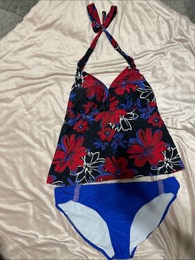 Catalina Red & Blue Floral Halter Tankini with Royal Blue Bikini Bottoms